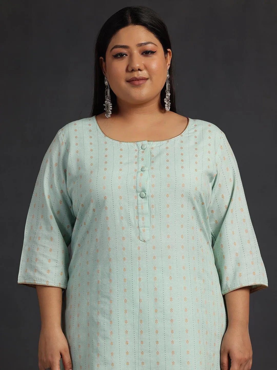 Plus Size Green Self Design Cotton Straight Kurta Set - Libas 