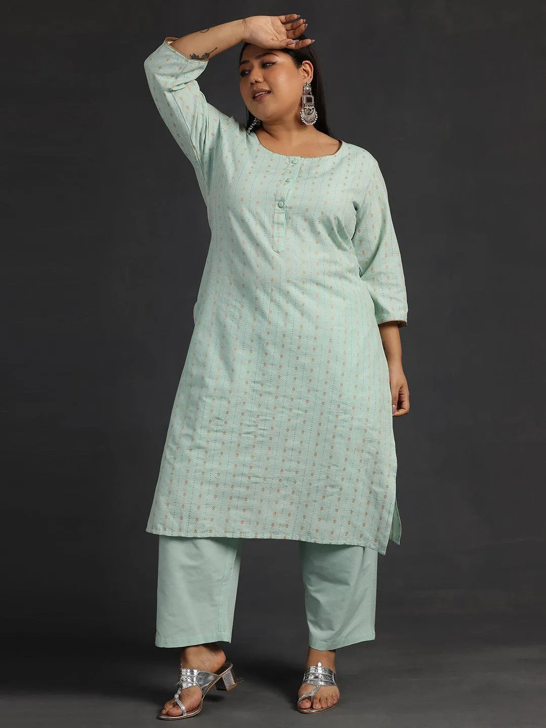 Plus Size Green Self Design Cotton Straight Kurta Set - Libas