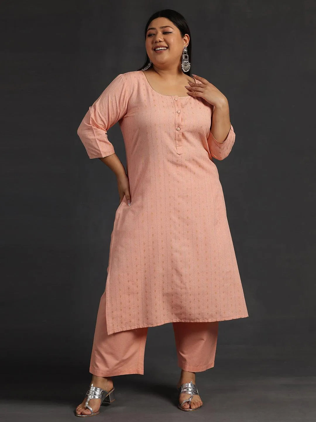 Plus Size Peach Self Design Cotton Straight Kurta Set - Libas 