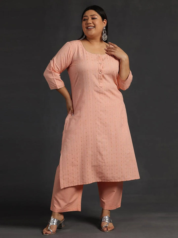 Plus Size Peach Self Design Cotton Straight Kurta Set - Libas