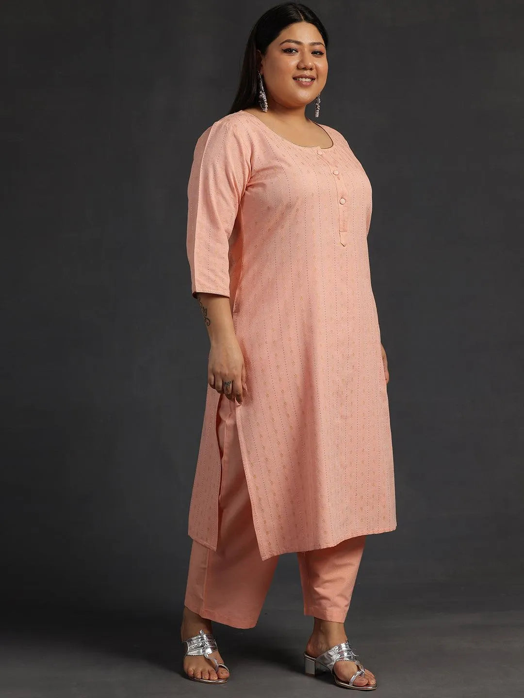 Plus Size Peach Self Design Cotton Straight Kurta Set - Libas 