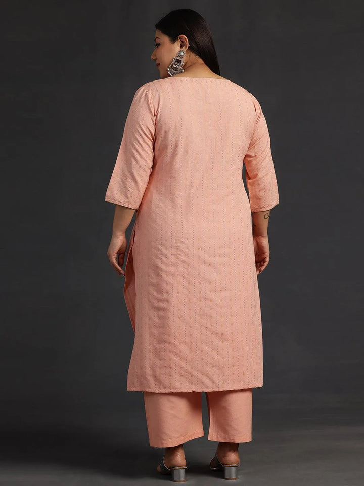 Plus Size Peach Self Design Cotton Straight Kurta Set - Libas