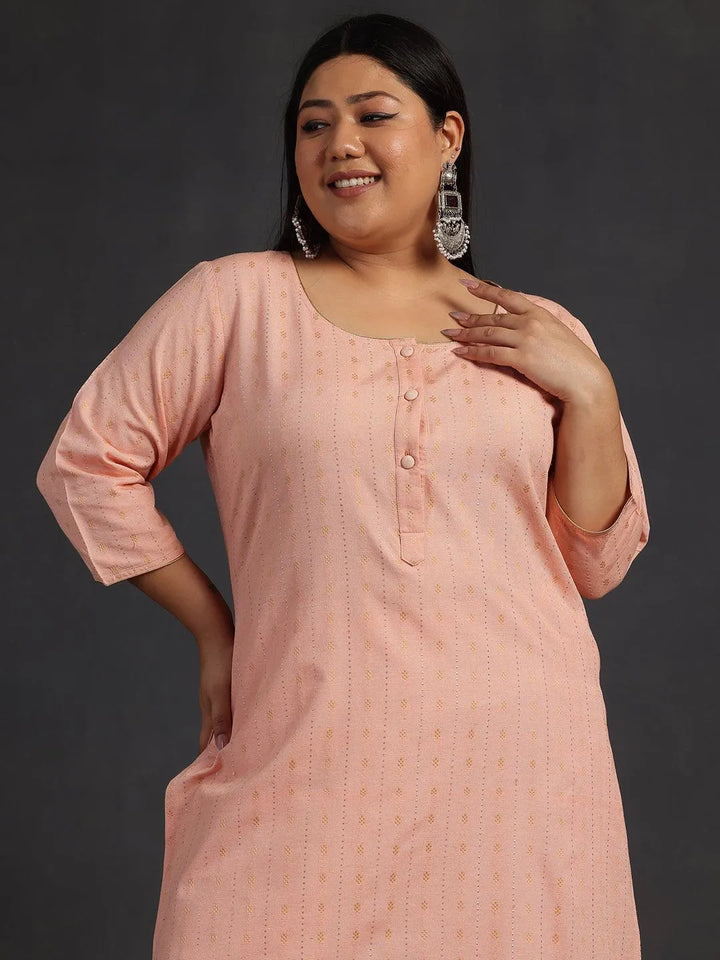 Plus Size Peach Self Design Cotton Straight Kurta Set - Libas