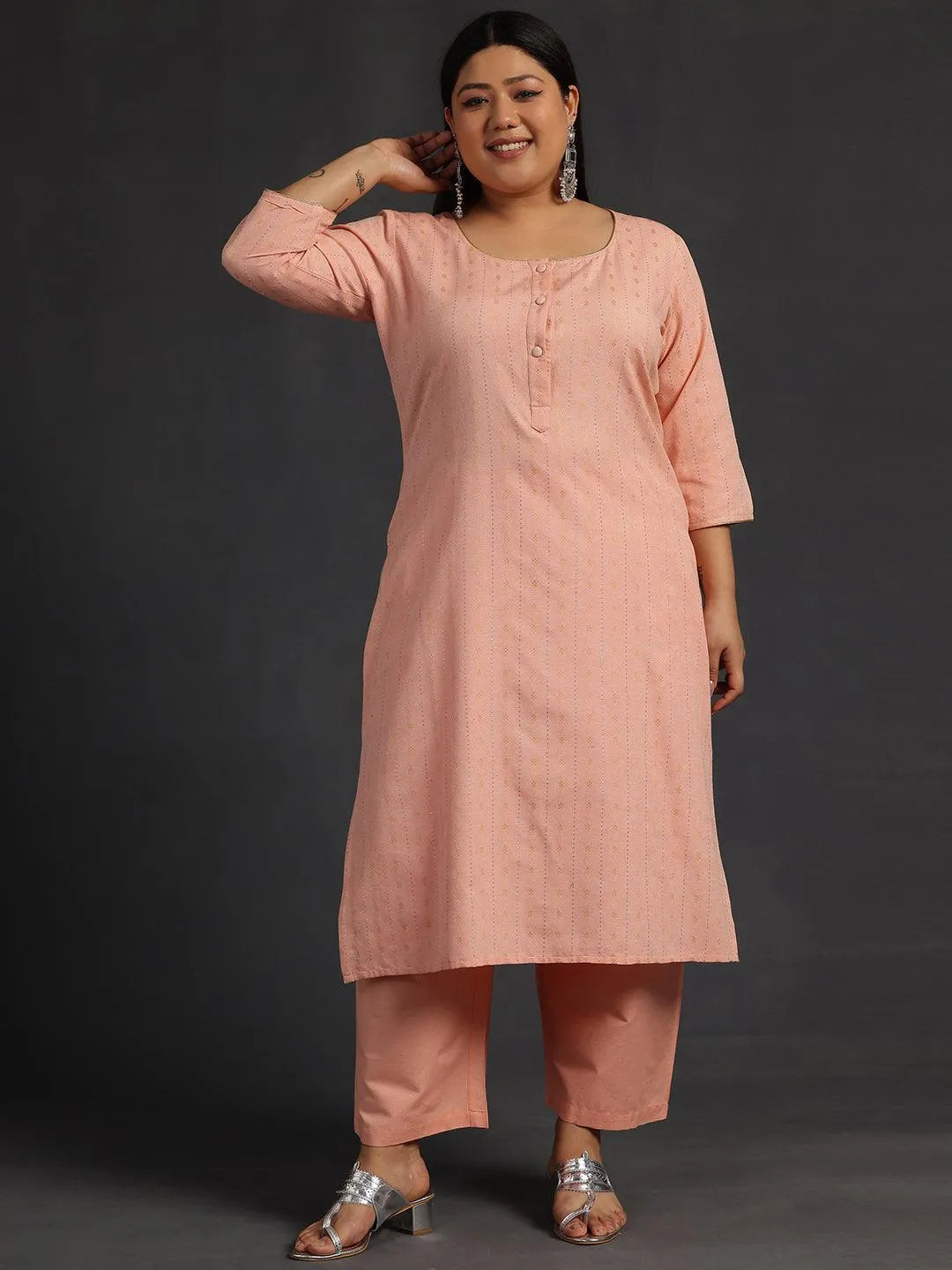 Plus Size Peach Self Design Cotton Straight Kurta Set - Libas 