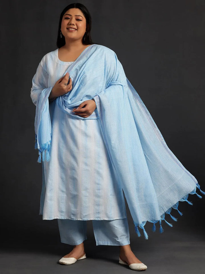 Plus Size Blue Self Design Cotton Straight Suit With Dupatta - Libas