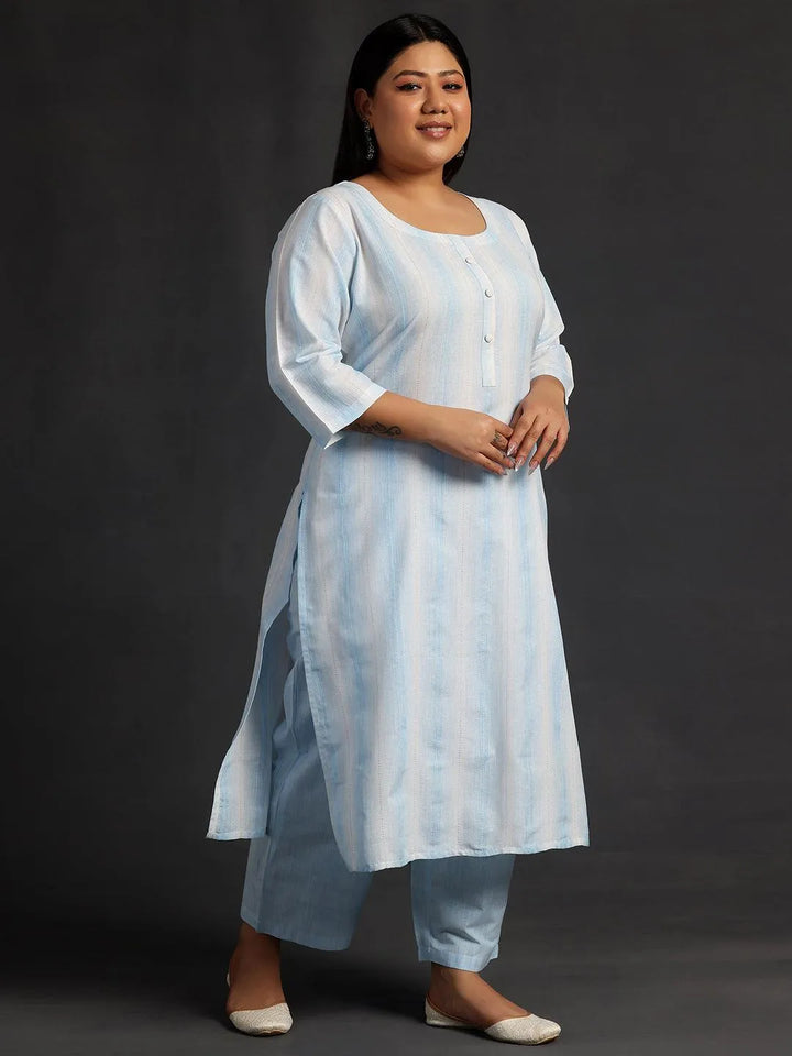 Plus Size Blue Self Design Cotton Straight Suit With Dupatta - Libas