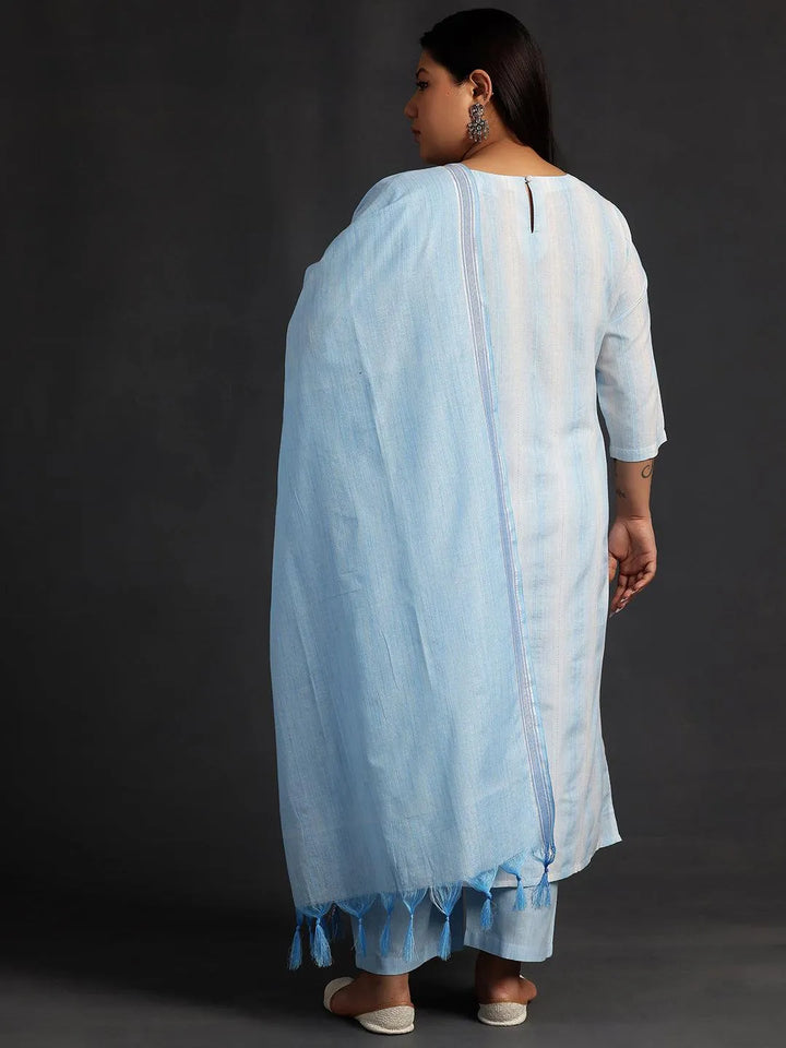 Plus Size Blue Self Design Cotton Straight Suit With Dupatta - Libas