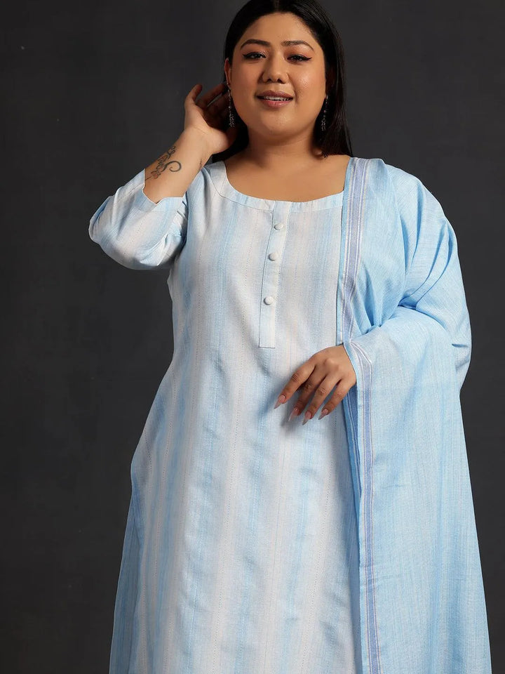 Plus Size Blue Self Design Cotton Straight Suit With Dupatta - Libas