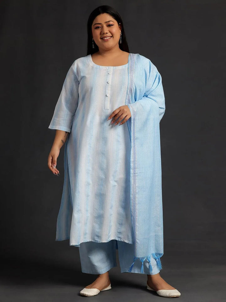 Plus Size Blue Self Design Cotton Straight Suit With Dupatta - Libas