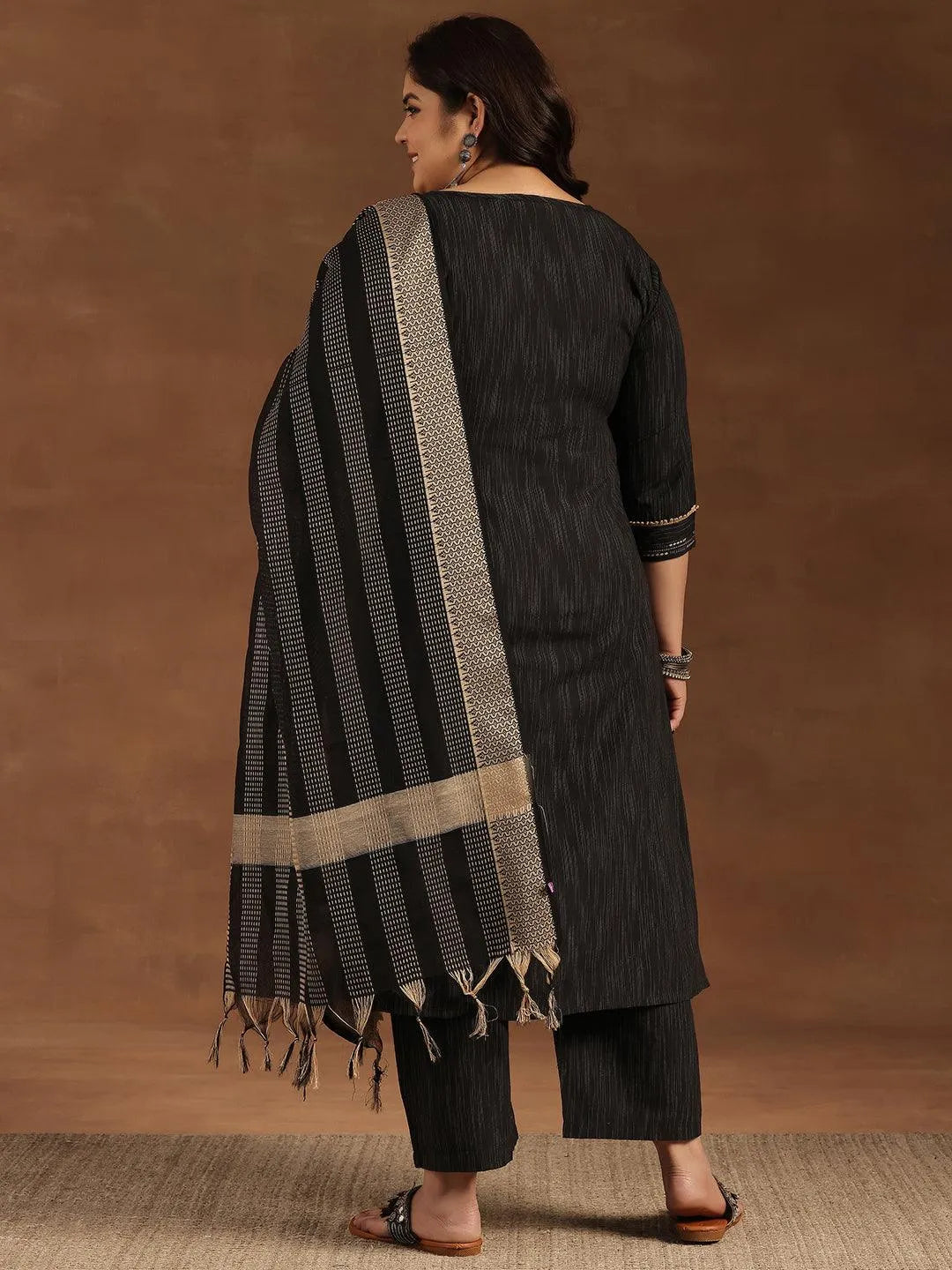 Plus Size Black Self Design Cotton Blend Straight Suit With Dupatta - Libas 
