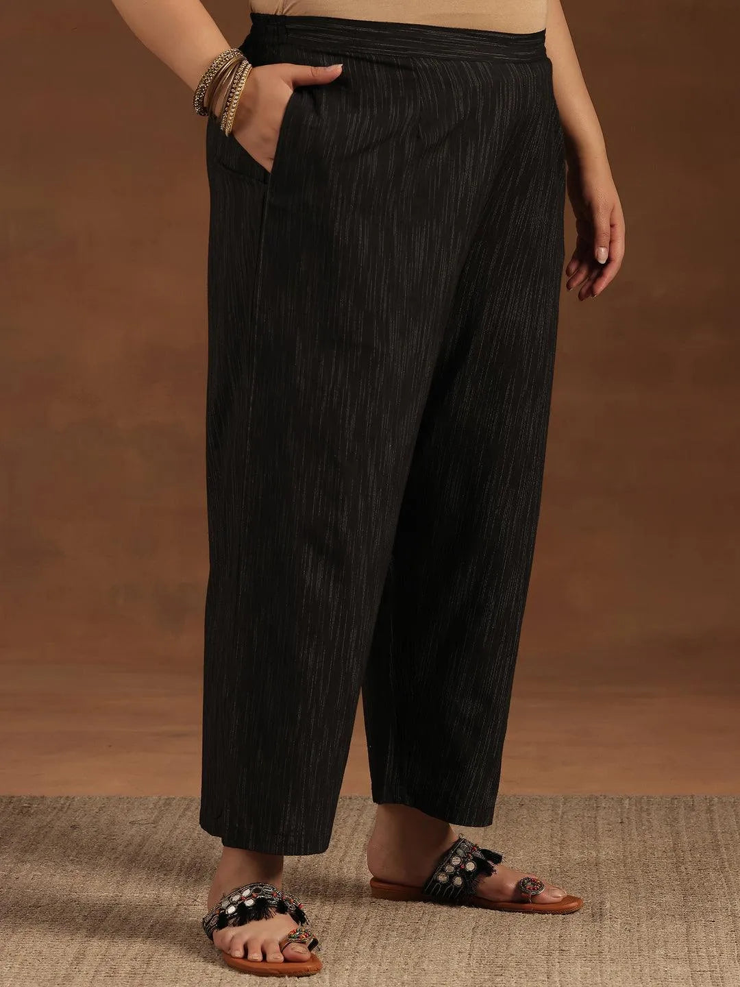 Plus Size Black Self Design Cotton Blend Straight Suit With Dupatta - Libas 
