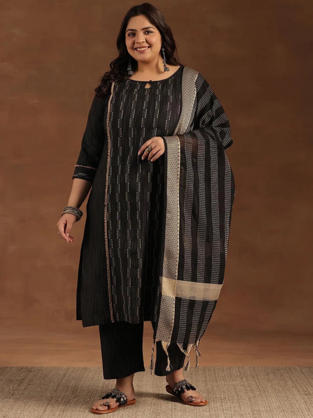 Plus Size Black Self Design Cotton Blend Straight Suit With Dupatta - Libas 