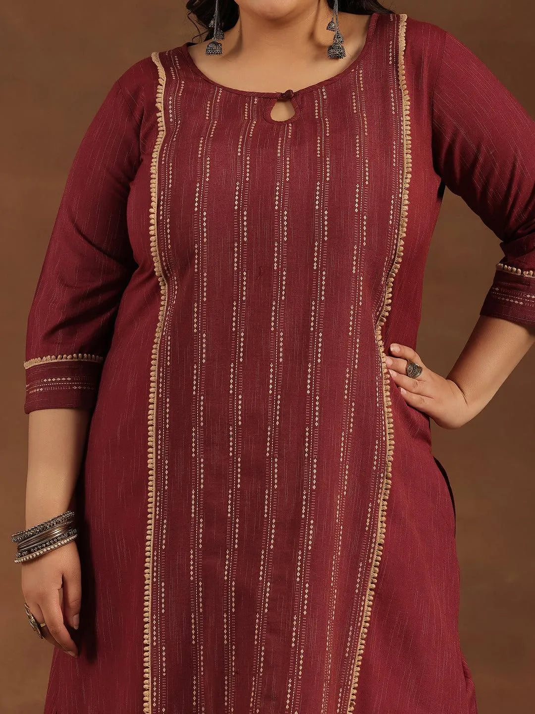 Plus Size Maroon Self Design Cotton Blend Straight Suit With Dupatta - Libas 