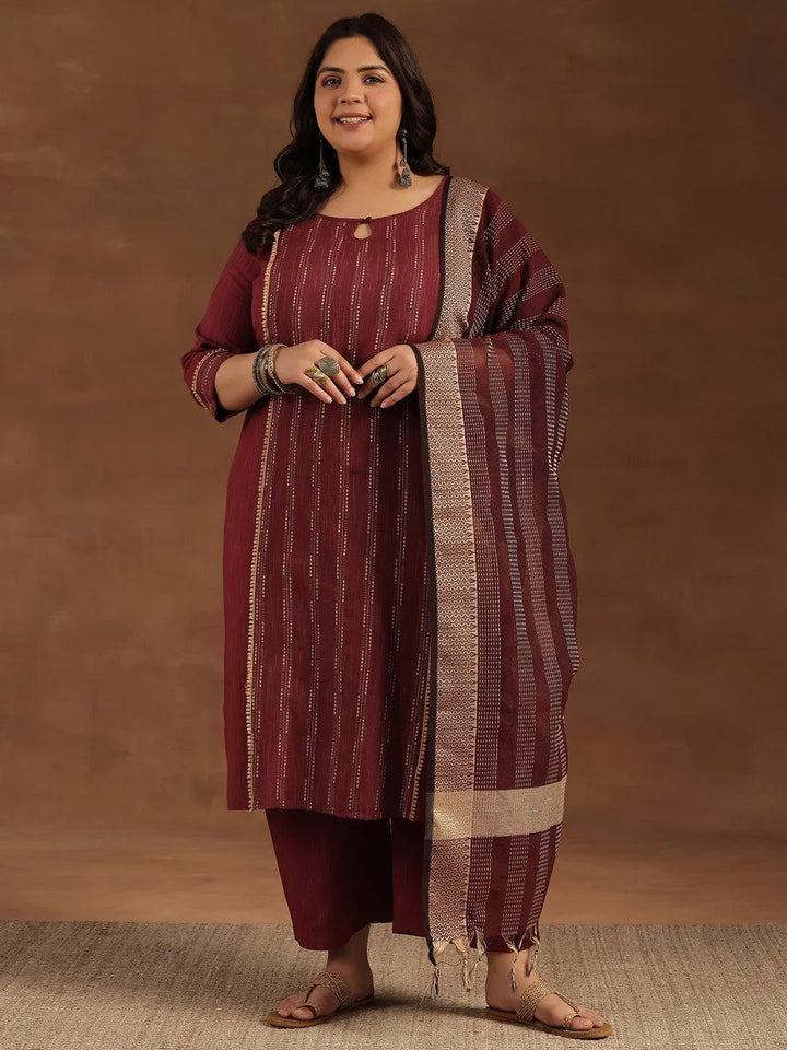 Plus Size Maroon Self Design Cotton Blend Straight Suit With Dupatta - Libas