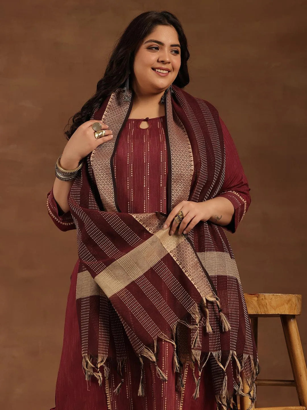 Plus Size Maroon Self Design Cotton Blend Straight Suit With Dupatta - Libas 