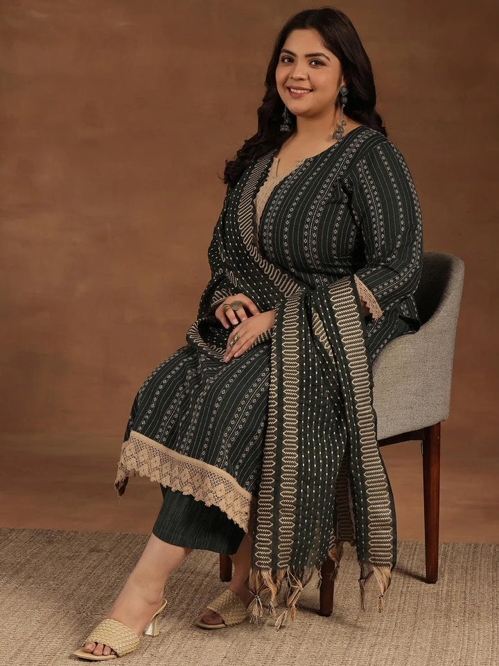 Plus Size Green Self Design Cotton Blend Straight Suit With Dupatta - Libas