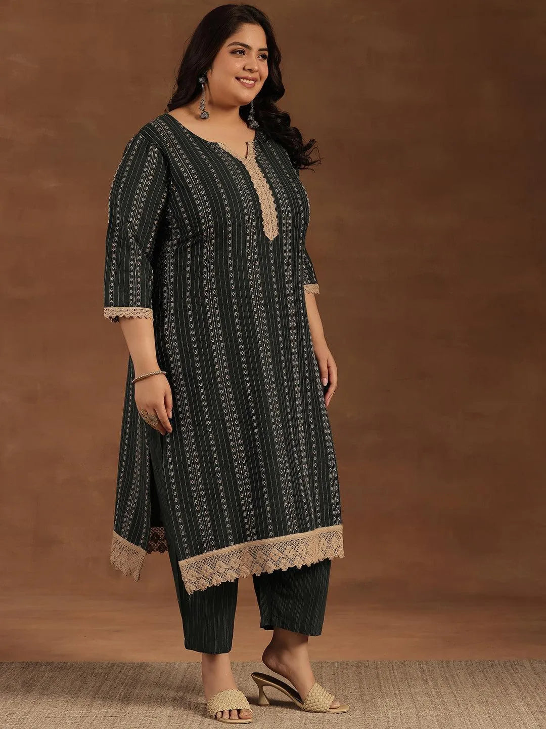 Plus Size Green Self Design Cotton Blend Straight Suit With Dupatta - Libas 
