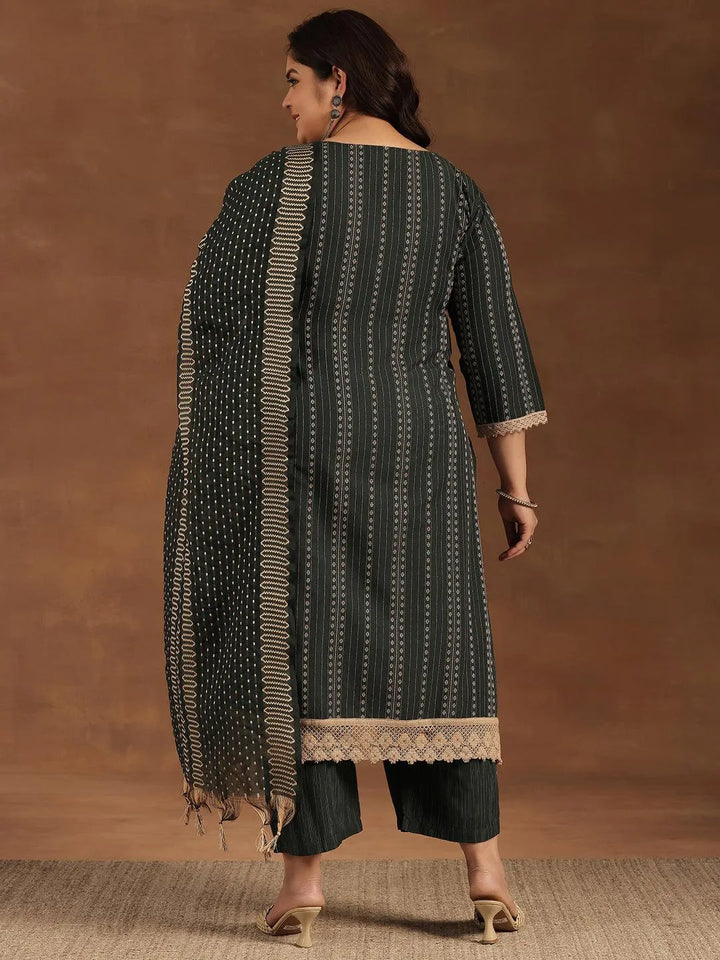 Plus Size Green Self Design Cotton Blend Straight Suit With Dupatta - Libas