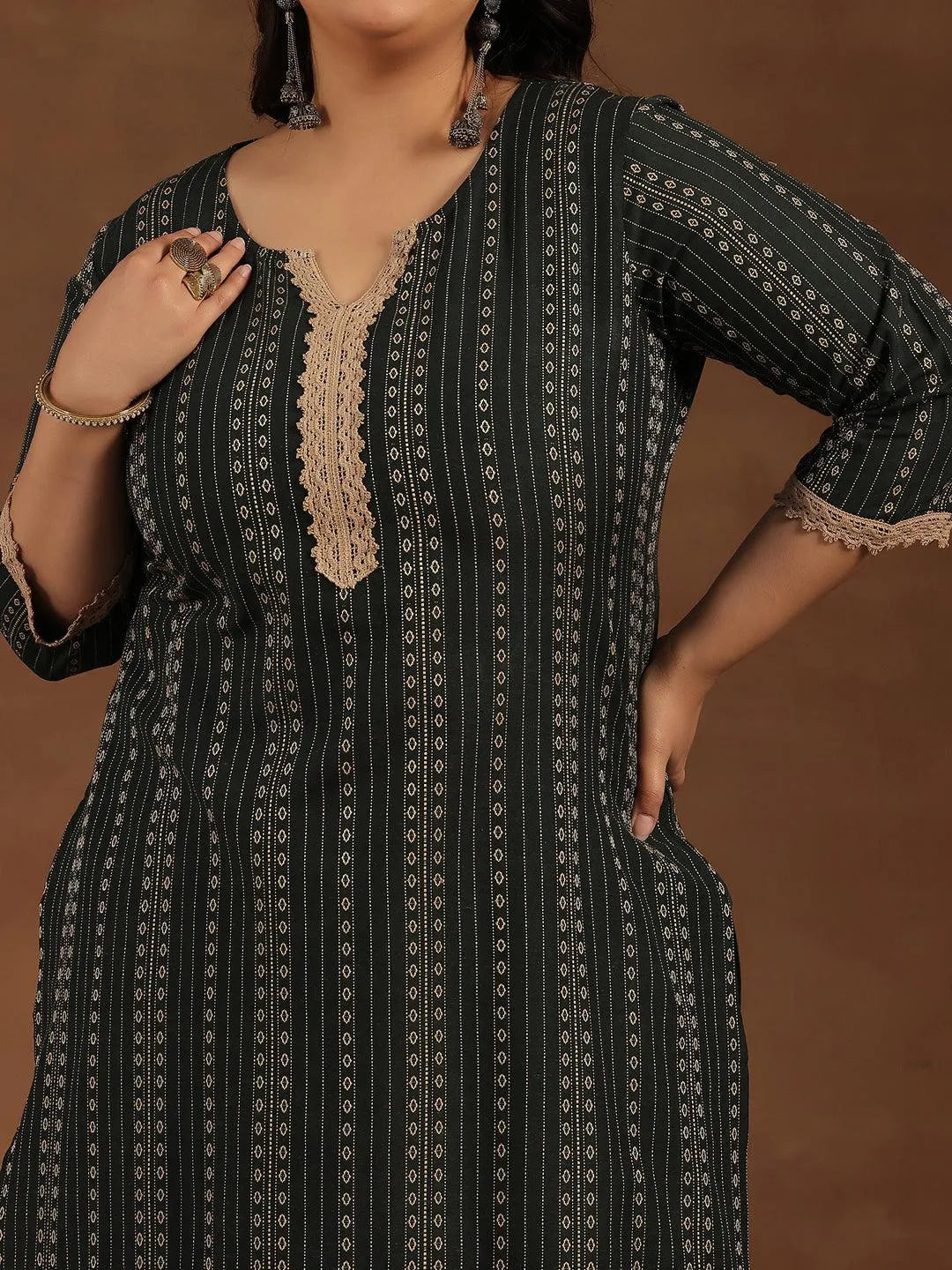 Plus Size Green Self Design Cotton Blend Straight Suit With Dupatta - Libas 