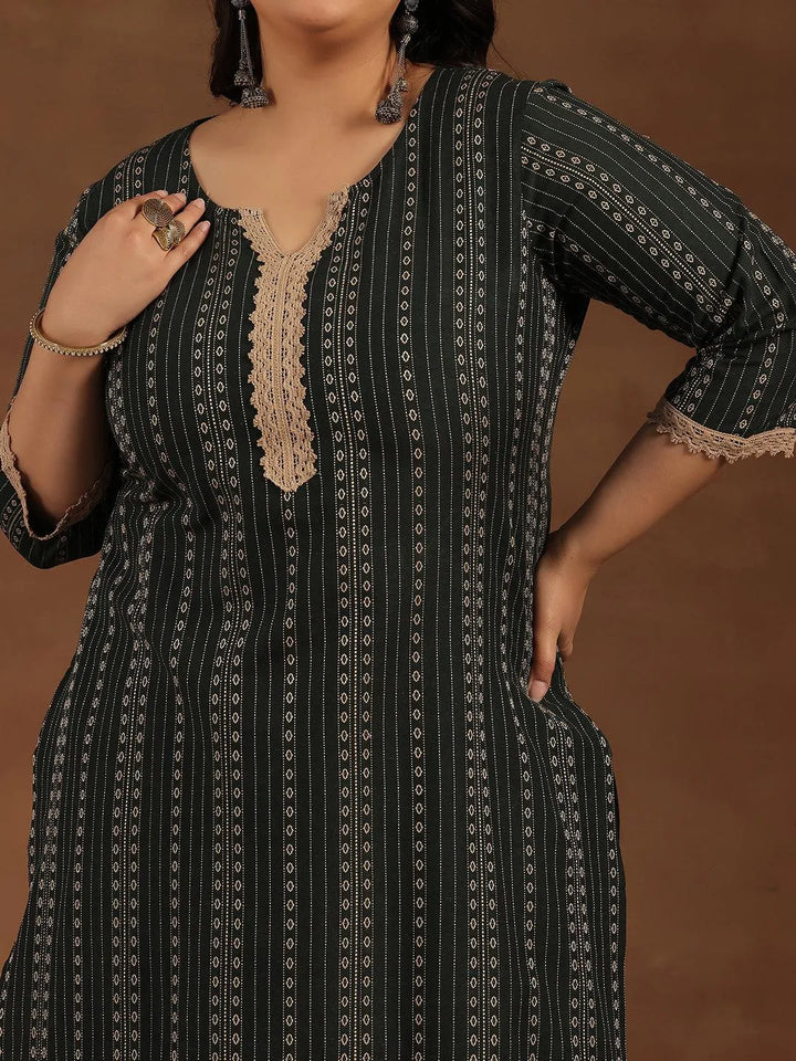 Plus Size Green Self Design Cotton Blend Straight Suit With Dupatta - Libas