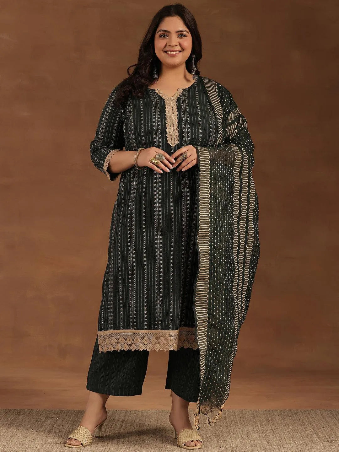 Plus Size Green Self Design Cotton Blend Straight Suit With Dupatta - Libas 