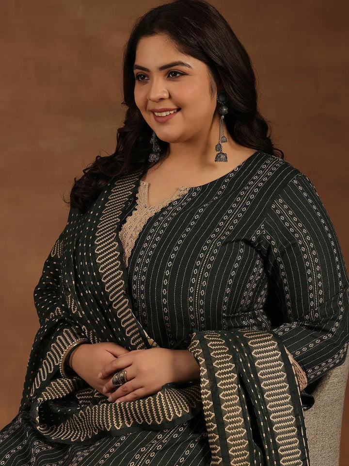 Plus Size Green Self Design Cotton Blend Straight Suit With Dupatta - Libas