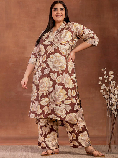 Plus Size Brown Printed Silk Blend Co-Ords - Libas