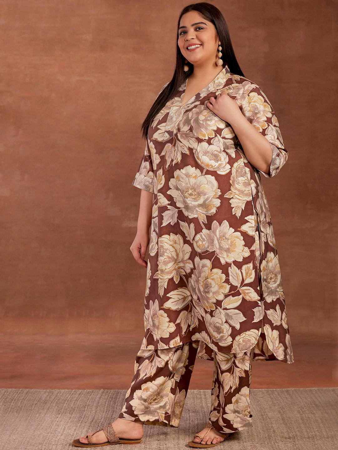 Plus Size Brown Printed Silk Blend Co-Ords - Libas