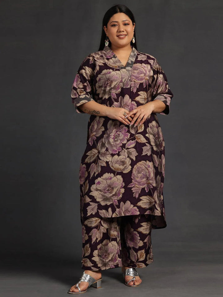 Plus Size Purple Printed Silk Blend Co-Ords - Libas