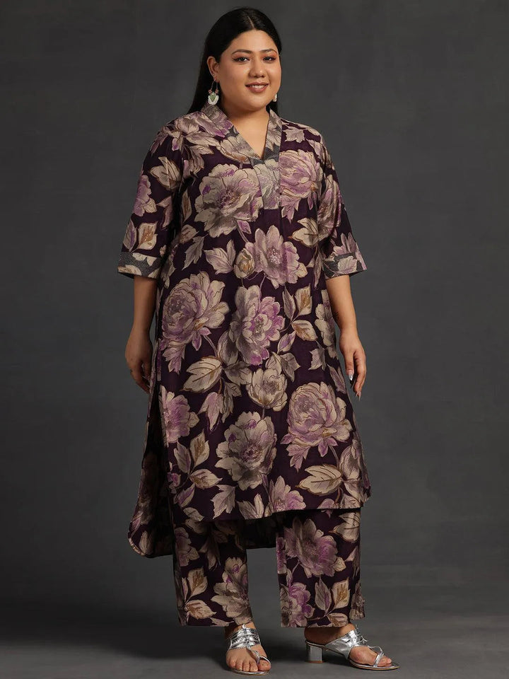 Plus Size Purple Printed Silk Blend Co-Ords - Libas