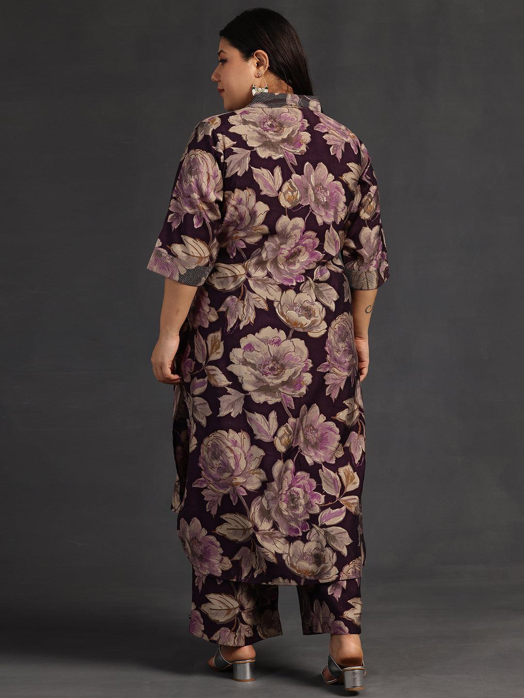 Plus Size Purple Printed Silk Blend Co-Ords - Libas