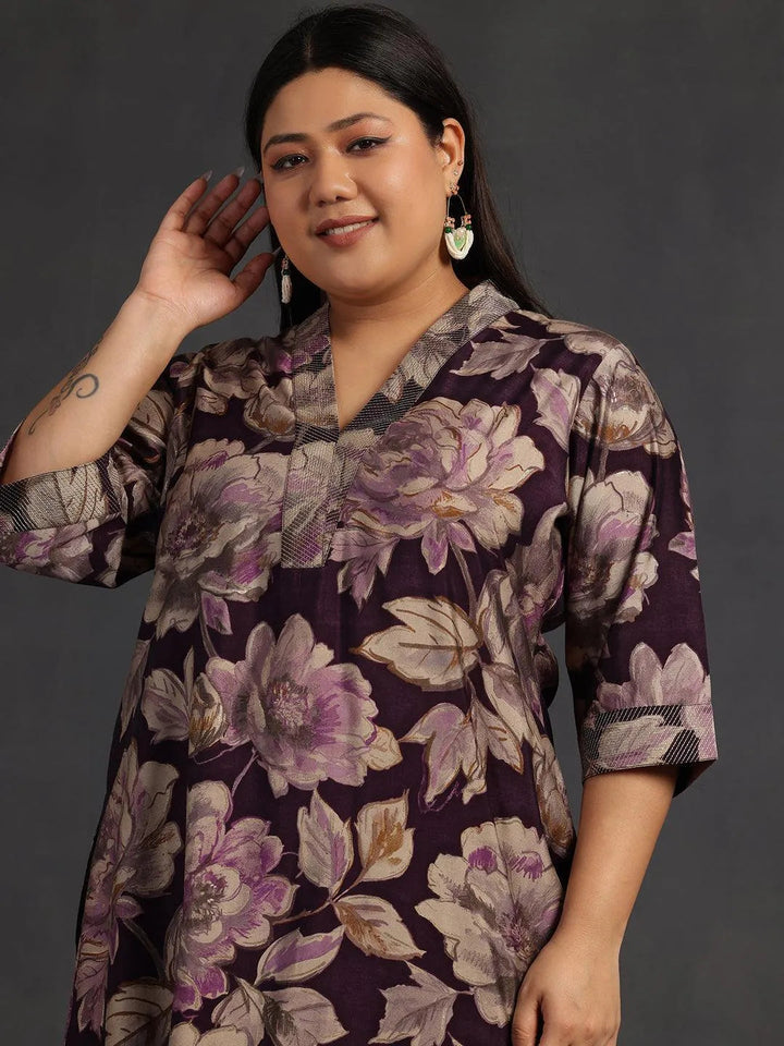 Plus Size Purple Printed Silk Blend Co-Ords - Libas