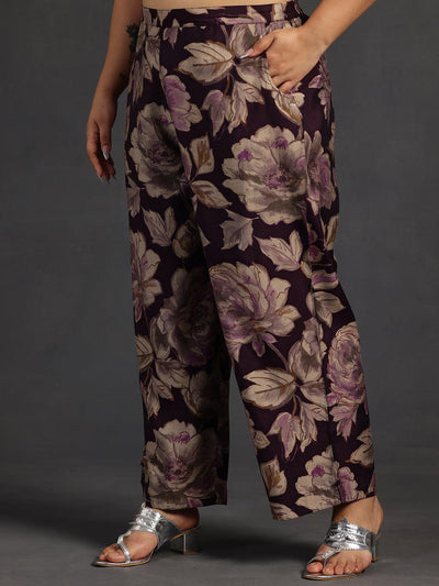 Plus Size Purple Printed Silk Blend Co-Ords - Libas