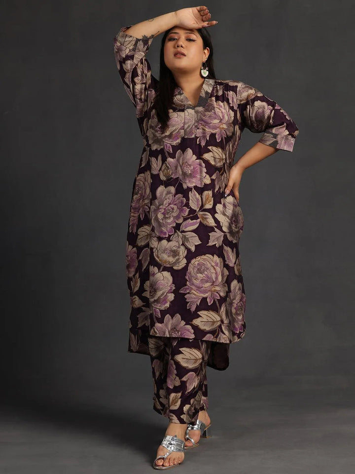Plus Size Purple Printed Silk Blend Co-Ords - Libas