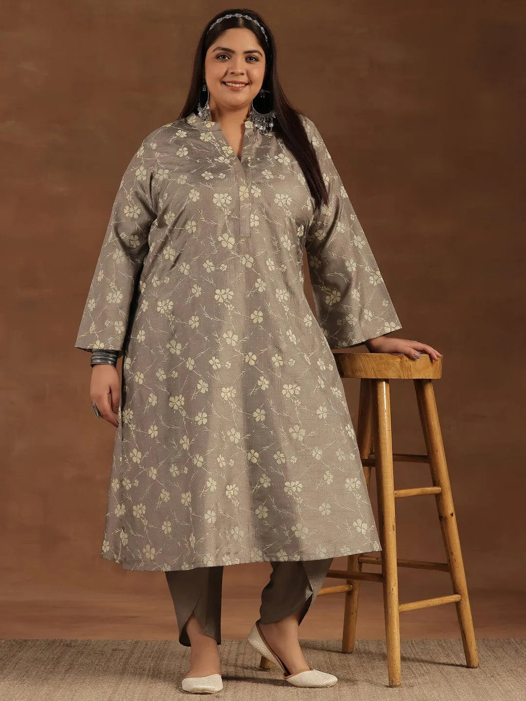 Plus Size Grey Printed Silk Blend Straight Kurta Set - Libas 