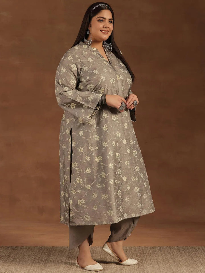 Plus Size Grey Printed Silk Blend Straight Kurta Set - Libas