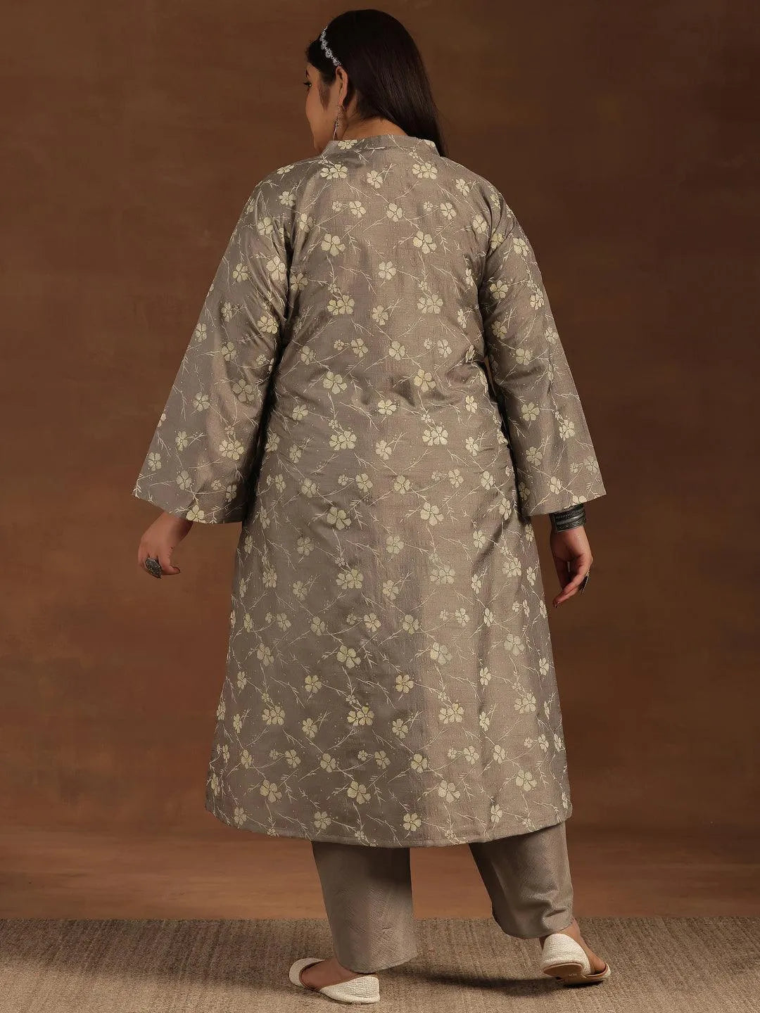 Plus Size Grey Printed Silk Blend Straight Kurta Set - Libas 