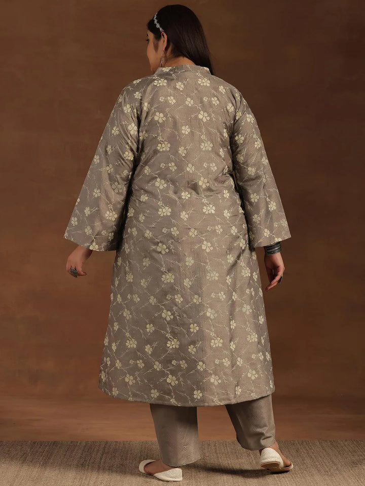 Plus Size Grey Printed Silk Blend Straight Kurta Set - Libas
