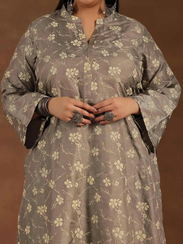 Plus Size Grey Printed Silk Blend Straight Kurta Set - Libas