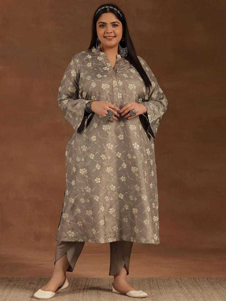 Plus Size Grey Printed Silk Blend Straight Kurta Set - Libas