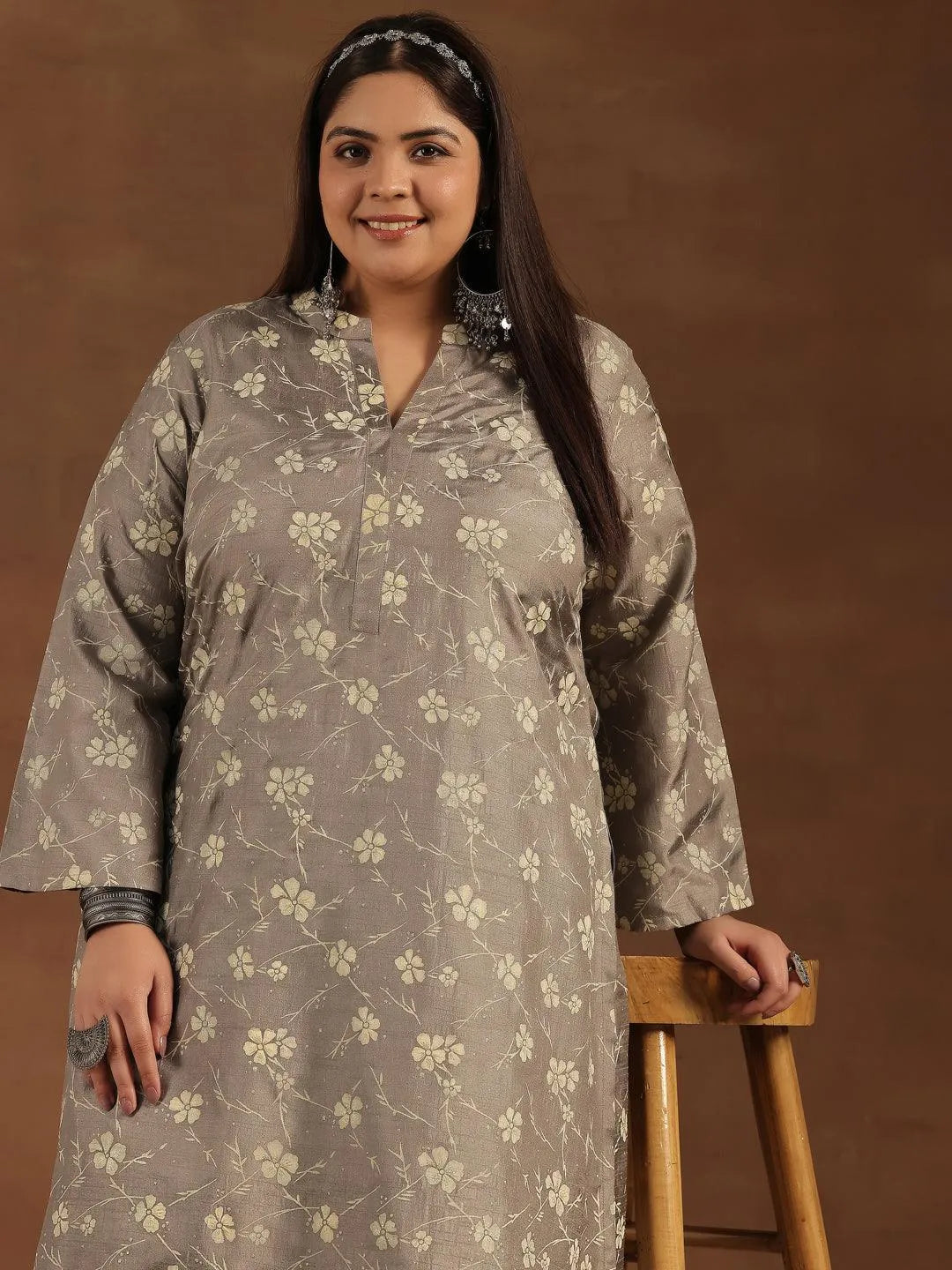Plus Size Grey Printed Silk Blend Straight Kurta Set - Libas 