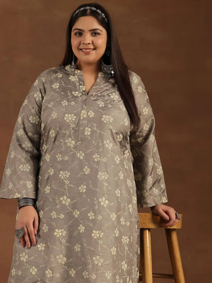 Plus Size Grey Printed Silk Blend Straight Kurta Set - Libas