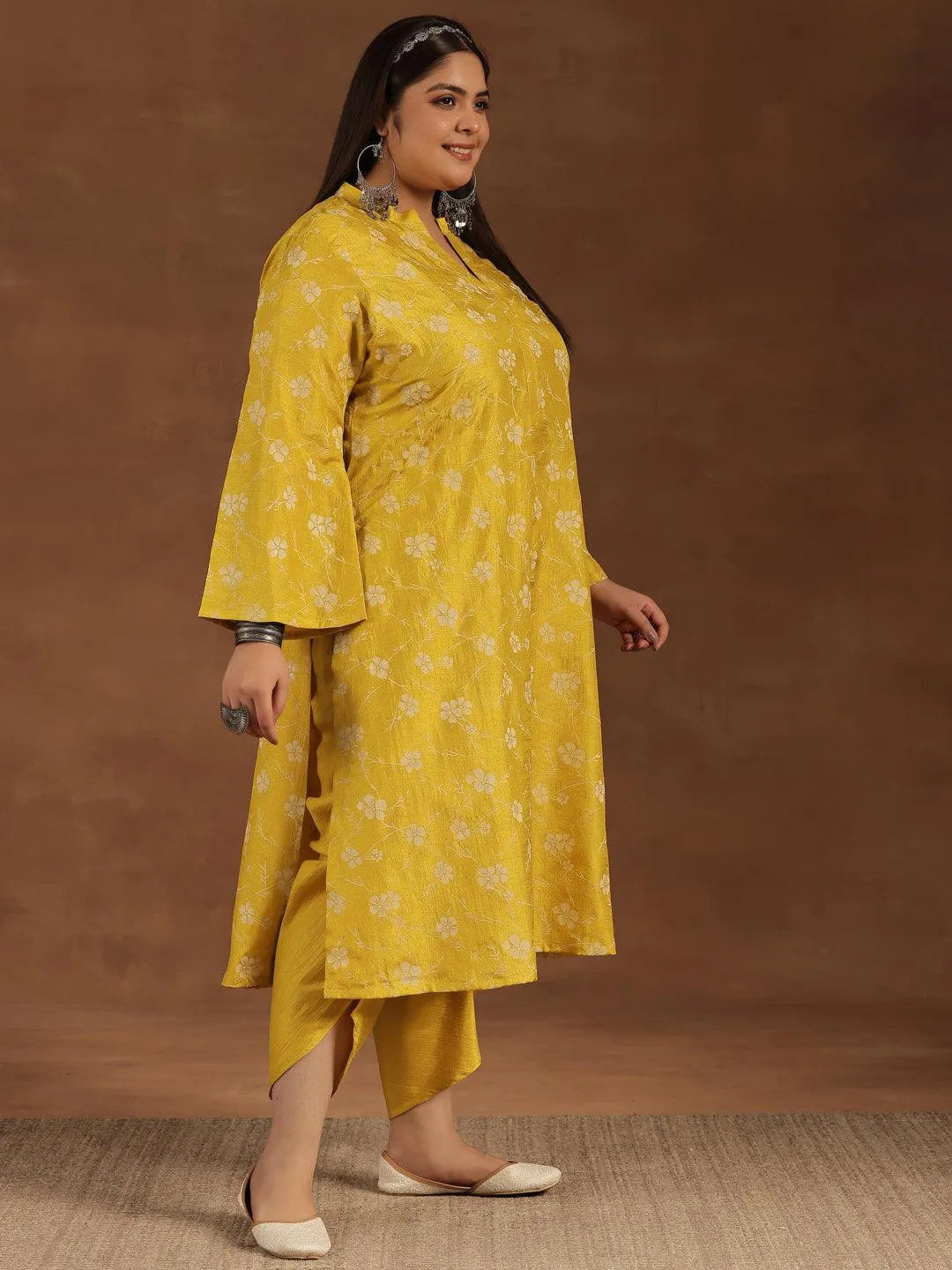 Plus Size Mustard Printed Silk Blend Straight Kurta Set - Libas 