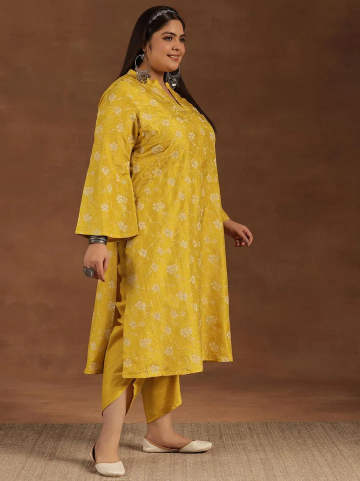 Plus Size Mustard Printed Silk Blend Straight Kurta Set - Libas
