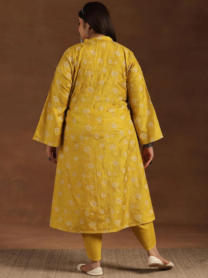Plus Size Mustard Printed Silk Blend Straight Kurta Set - Libas