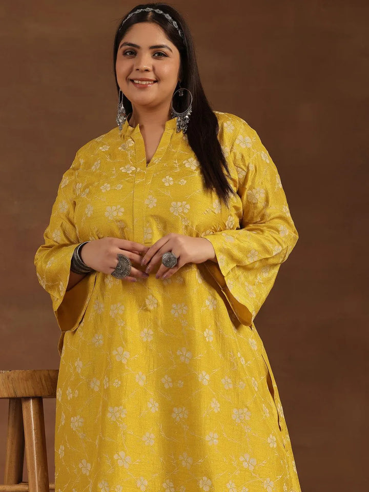 Plus Size Mustard Printed Silk Blend Straight Kurta Set - Libas