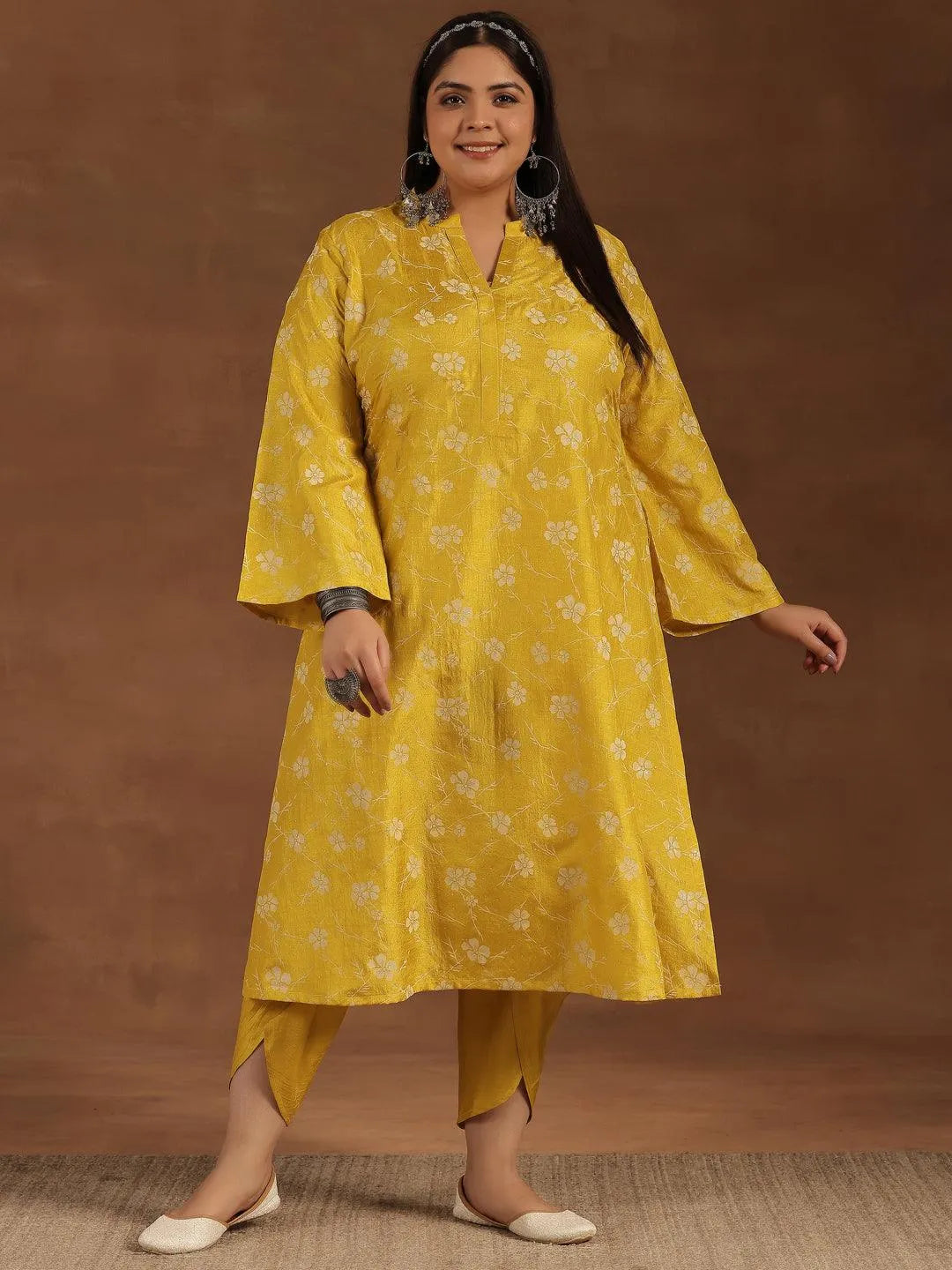 Plus Size Mustard Printed Silk Blend Straight Kurta Set - Libas 