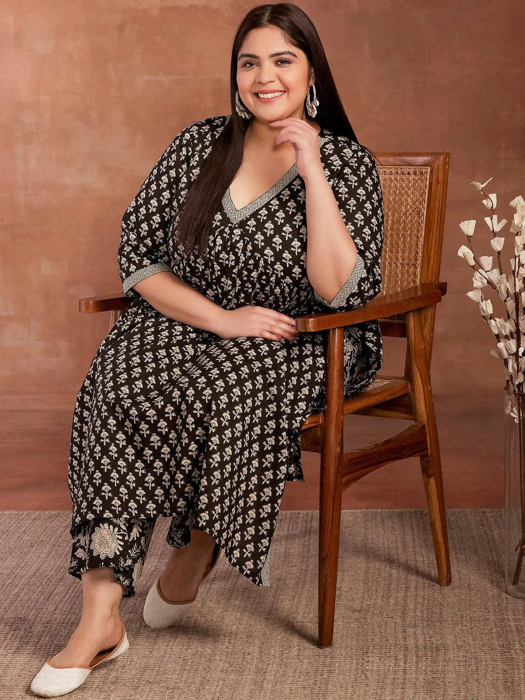 Plus Size Black Printed Cotton A-Line Kurta With Palazzos - Libas