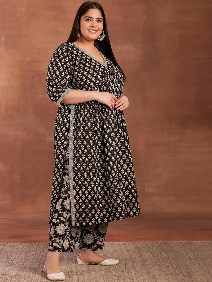 Plus Size Black Printed Cotton A-Line Kurta With Palazzos - Libas