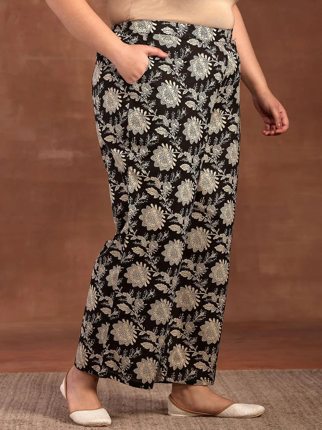 Plus Size Black Printed Cotton A-Line Kurta With Palazzos - Libas 